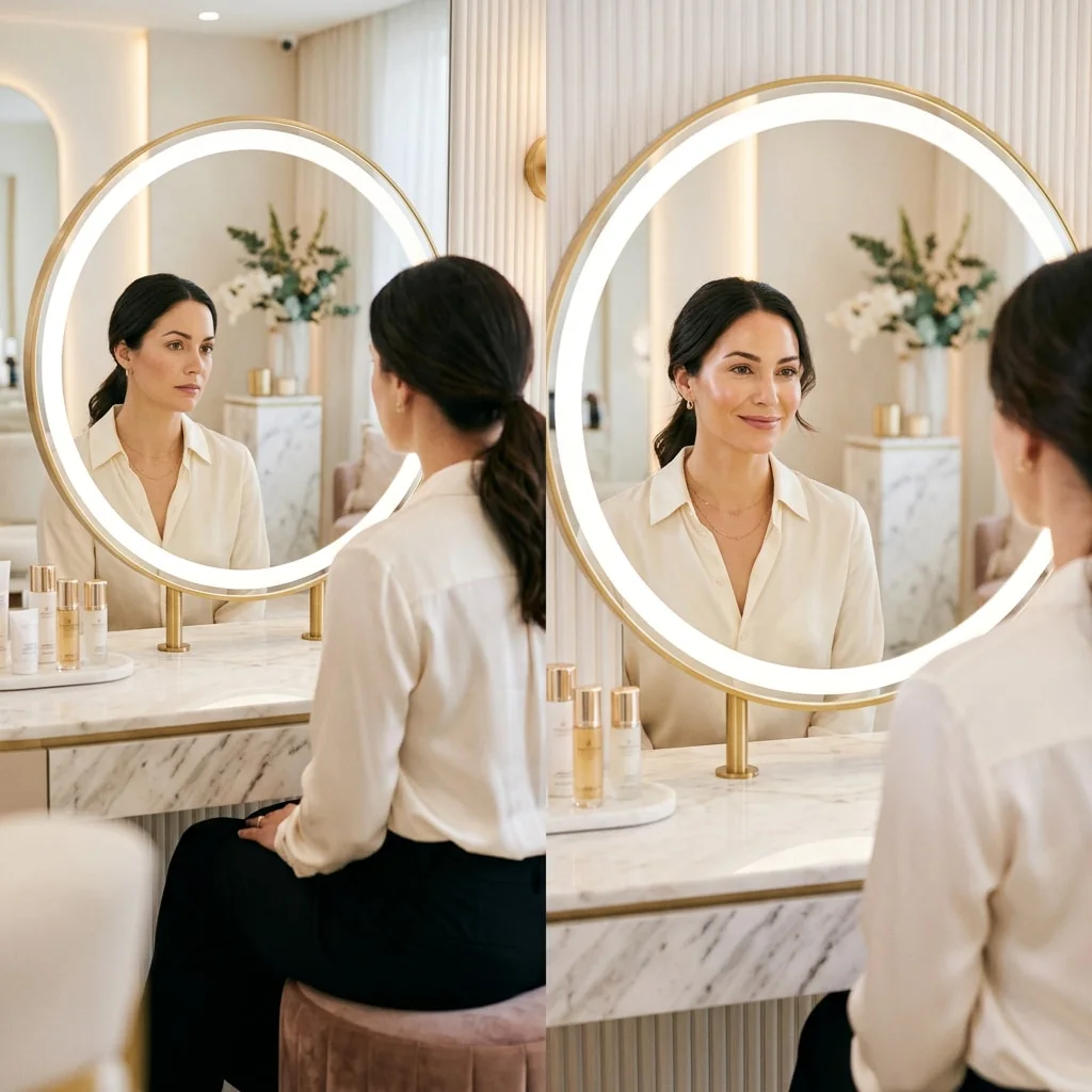 Consultation concept with a client looking into an illuminated mirror