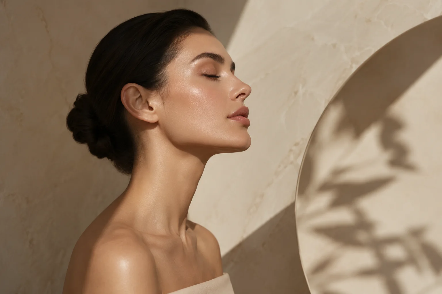 Profile portrait with glowing skin and sculptural beige shadows